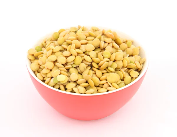 Close View Cooked Green Lentil Red Bowl White Backgroun — Stock Photo, Image