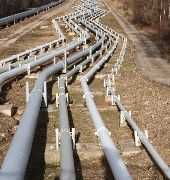 Blick Auf Pipelines Die Zum Horizont Mit Kraftwerk Führen — Stockfoto