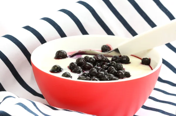 Close View Hot Baby Porridge Red Bowl Sprinkled Cooked Blueberries — Stock Photo, Image