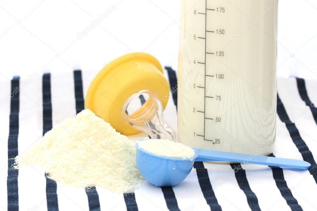 Detail view of suckling dried milk with feeder bottle and nipple