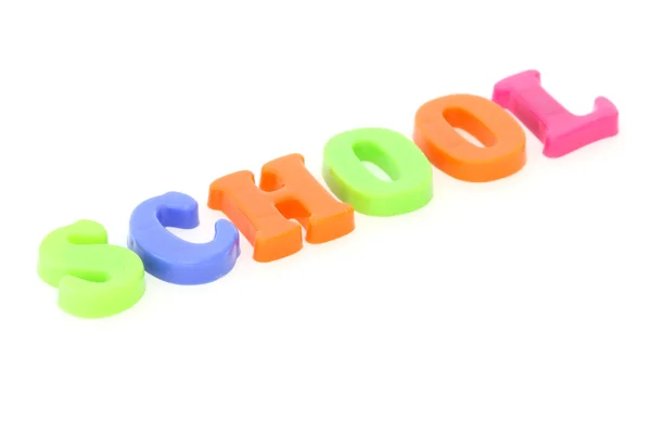Escola Palavras Formada Partir Cartas Brinquedo Coloridas Plástico Fundo Branco — Fotografia de Stock