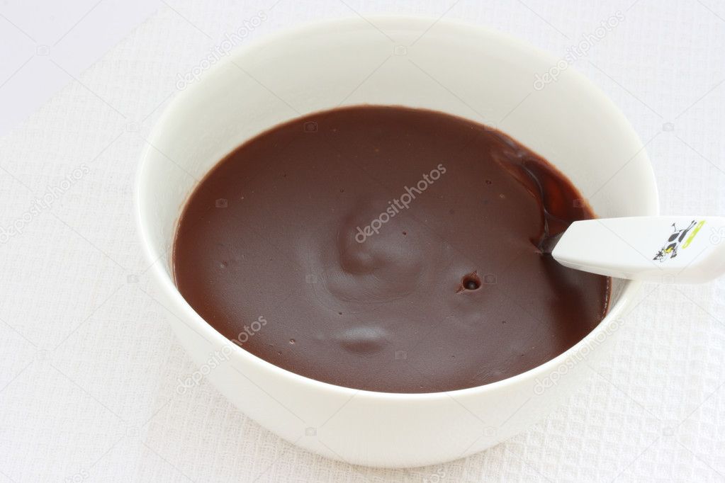 Chocolate pudding custard jelly in white bowl