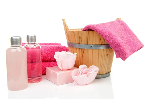 Acessório de banho rosa para sauna ou spa — Fotografia de Stock