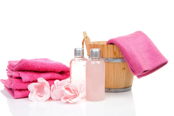 粉红色浴室配件，桑拿水疗 — 图库照片