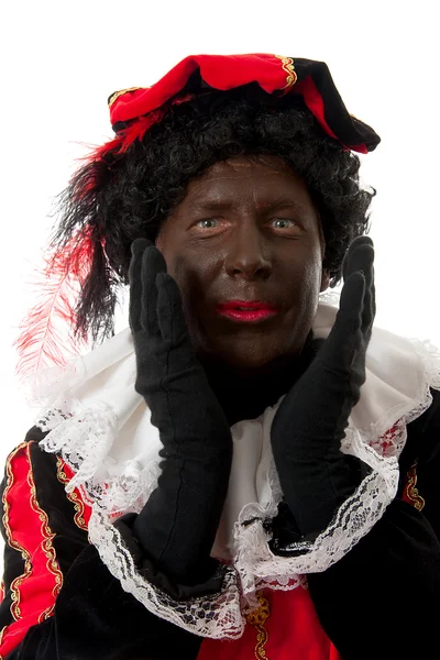 Förvånad Zwarte piet (svart pete) typiska holländska karaktär — Stockfoto