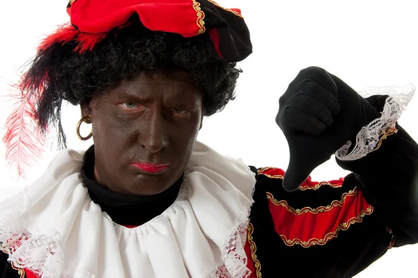 Zwarte Piet ( black pete) typical dutch character with thumbs do — Stock Photo, Image