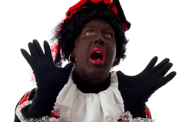 Surprised Zwarte Piet ( black pete) typical dutch character — Stock Photo, Image