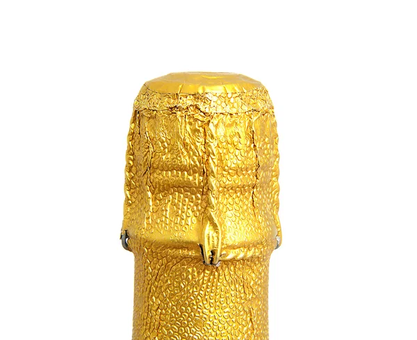 Neck of closed champagne bottle packed in golden paper — Stock Photo, Image