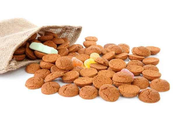 Bag with typical dutch sweets: pepernoten (ginger nuts) — Stock Photo, Image