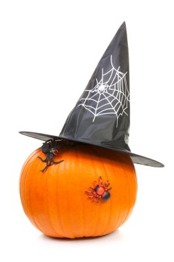 Big pumpkin with witch hat and spiders clipart