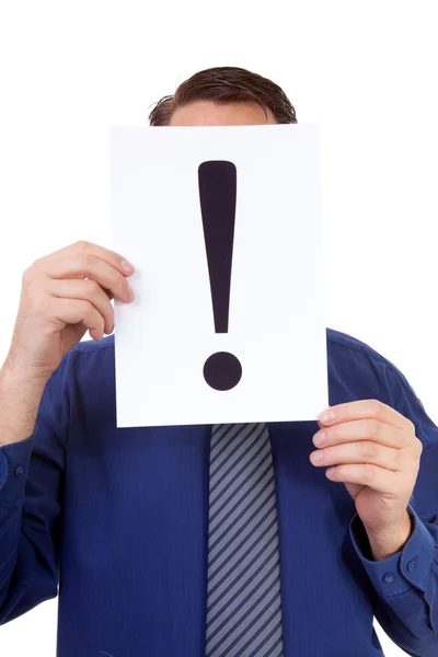 Geek is holding exclamation mark — Stock Photo, Image