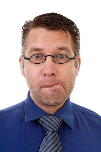 Porträtt av nerdy geek att göra roliga ansikte — Stockfoto