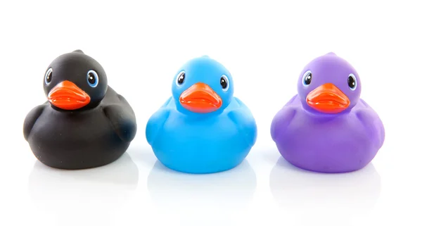 Üç renkli lastik ördek — Stok fotoğraf