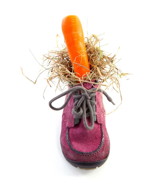 Little children's shoe with carrot — Stock Photo, Image