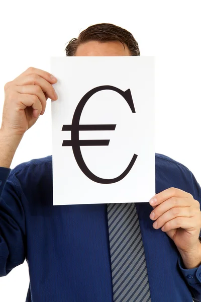 Επιχειρηματίας κρατάει πινακίδα ευρώ — Φωτογραφία Αρχείου