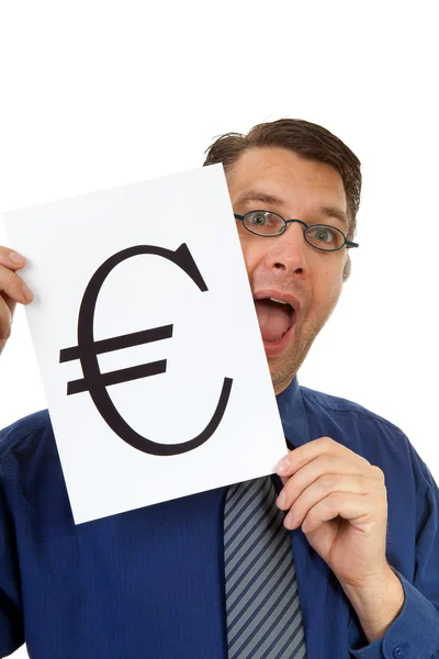 Nerdy geek κρατάει πινακίδα ευρώ — Φωτογραφία Αρχείου