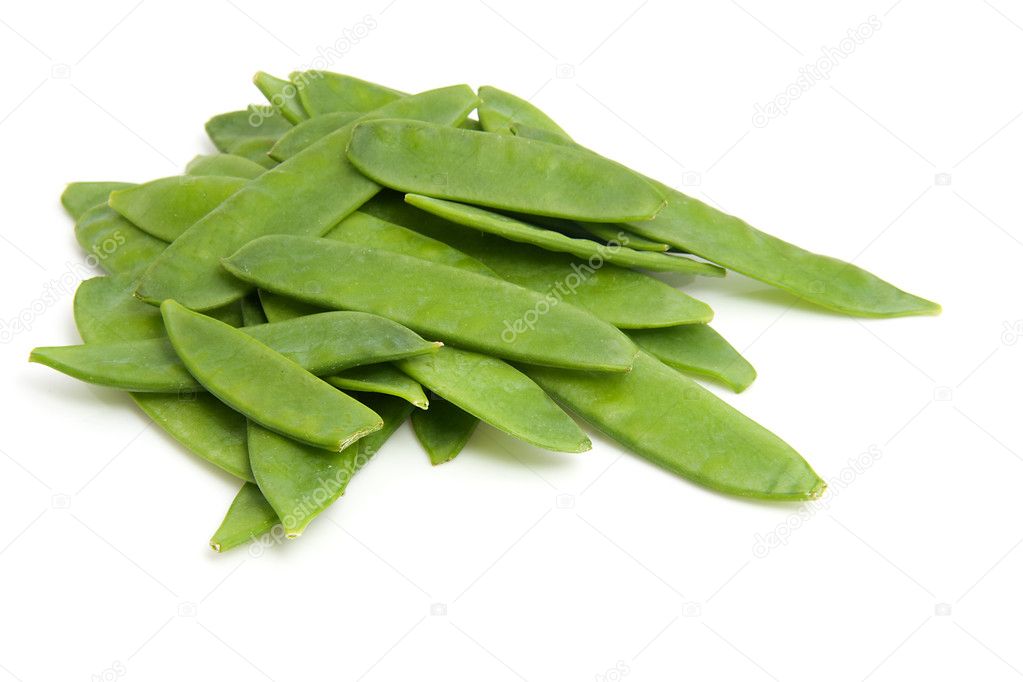 Pile of fresh snow peas isolated on white background