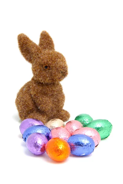 Brown Bunny Easter Eggs White Background Stock Photo