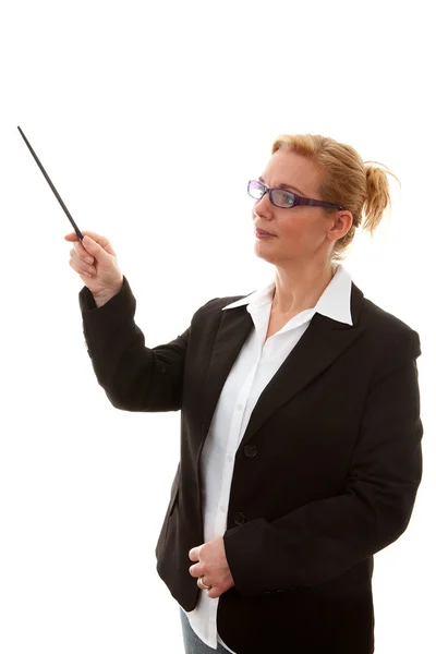 Business Woman Points Tot Something Stick White Background — Stock Photo, Image