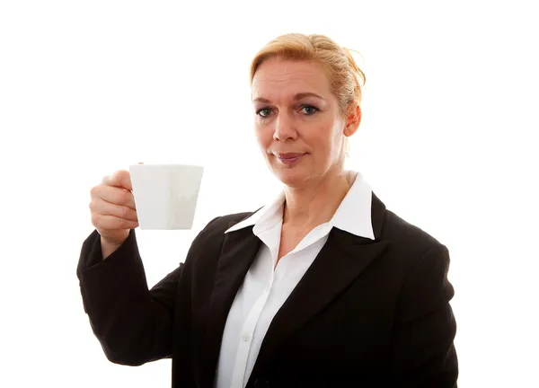 Zakenvrouw Met Kopje Thee Koffie Witte Achtergrond — Stockfoto