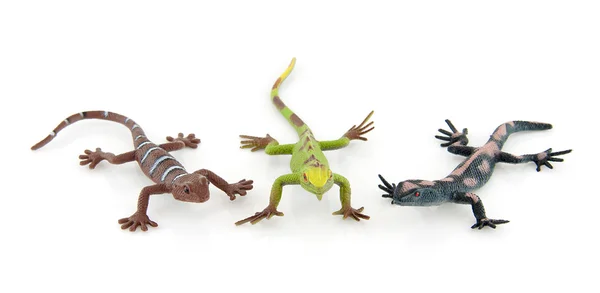 Three Plastic Salamander Toys Isolated White Background — 스톡 사진