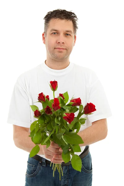 Schöner Mann Gibt Strauß Rosen Isoliert Auf Weißem Hintergrund — Stockfoto