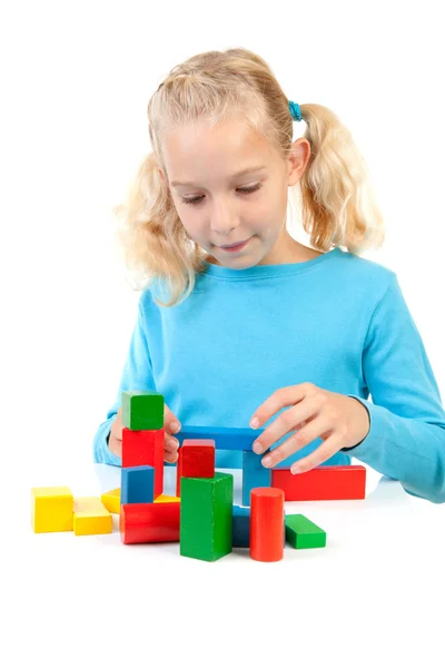 Young Blonde Girl Playing Colorful Wooden Blocks White Background — Stock Photo, Image
