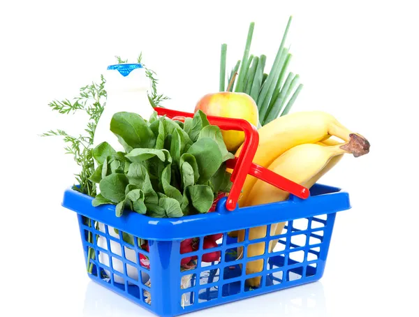 Gefüllt mit Lebensmittelgeschäft blau rot Warenkorb — Stockfoto