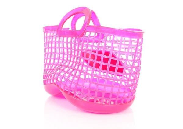 Rosa Plastik Einkaufstasche Mit Löchern Nahaufnahme Über Weißem Hintergrund — Stockfoto
