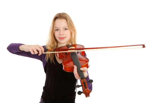 Menina Está Tocando Violino Sobre Fundo Branco — Fotografia de Stock