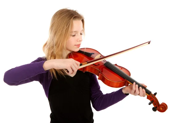 Κοπέλα Παίζει Βιολί Πάνω Από Λευκό Φόντο — Φωτογραφία Αρχείου