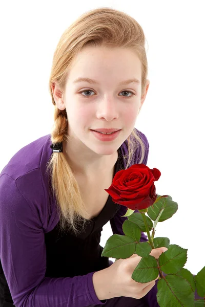 年轻女孩合影红玫瑰 — 图库照片