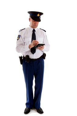 Dutch police officer filling out parking ticket. clipart