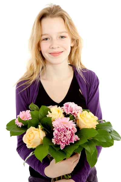 Rapariga Com Buquê Flores Para Mães Dia Aniversário Sobre Fundo — Fotografia de Stock
