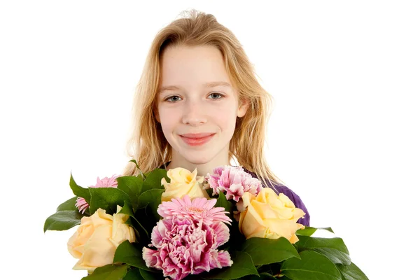 Gadis Muda Dengan Karangan Bunga Untuk Ibu Hari Atau Ulang — Stok Foto