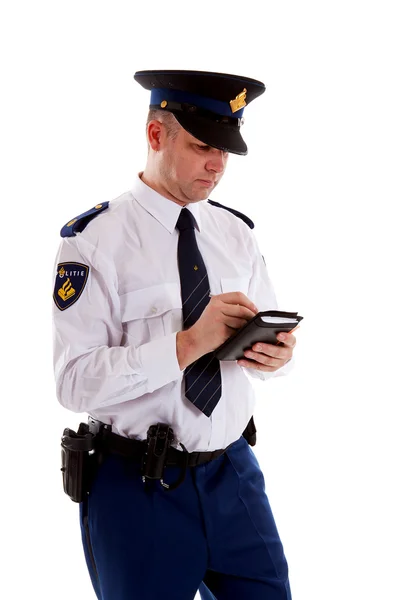 Officier Police Néerlandais Remplissant Une Contravention Sur Fond Blanc — Photo