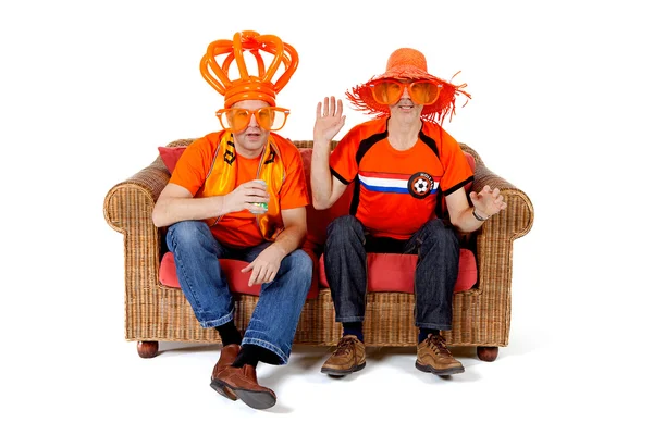Two Dutch Soccer Fan Watching Game White Background Stock Photo
