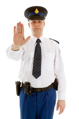 Dutch police officer making stop sign with hand over white background clipart