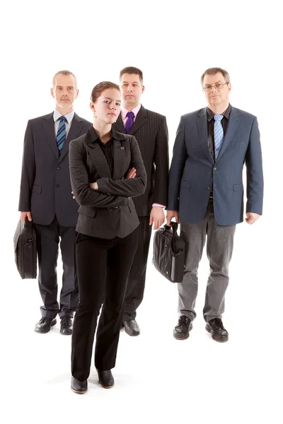 Vier Geschäftsleute, eine junge Frau und drei ältere Männer — Stockfoto