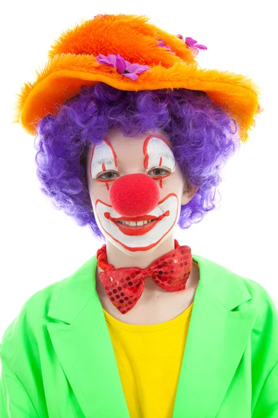 Porträtt av barn klädd som färgglada rolig clown — Stockfoto
