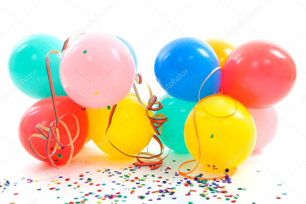 Colorful balloons, party streamers and confetti