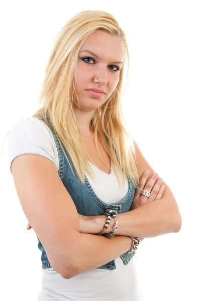 Portrait of young blonde woman with arms crossed — Stock Photo, Image