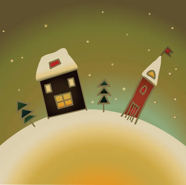 Zasněžené zemi dům vánoční přání — Stockový vektor