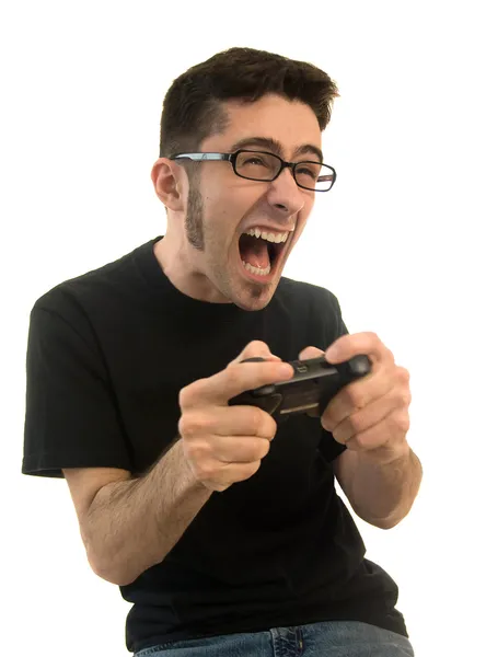 Young Man Holding Video Game Controller Playing Game Crazy Facial — Stock Photo, Image