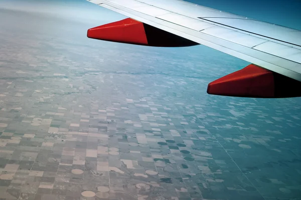 Aerial View Window Airplane You Can See Part Wing Ground — Stock Photo, Image