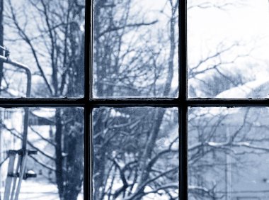 A winter scene of trees through a dirty window. clipart