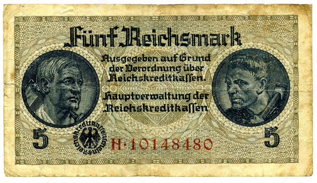 Banknote five Reichsmark early forties of the twentieth century ...