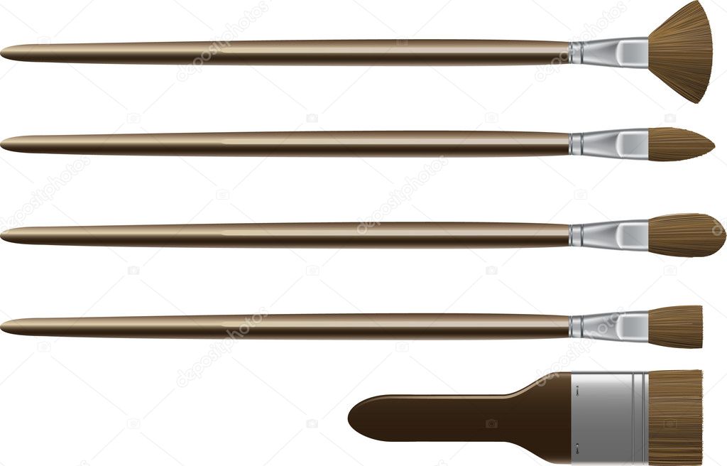 Set of flat paintbrushes. Ox hair fibres. Isolated. Realistic Vector.