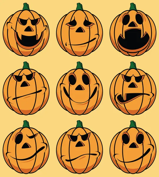 Set of 9 smiley pumpkin faces: in various facial expressions — Stock Vector