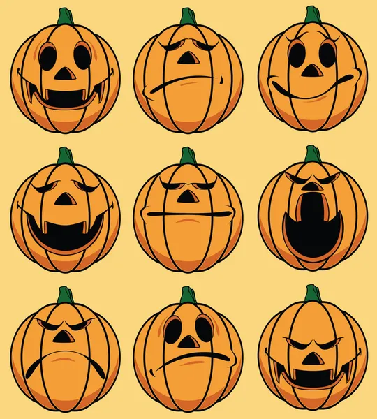 9 かぼちゃにこやかな顔のセット: 様々 な表情で — ストックベクタ